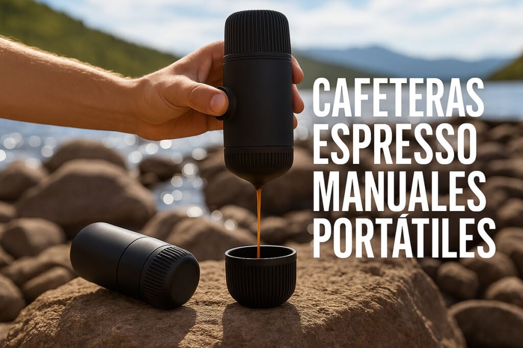 Dos cafeteras espresso manuales portátiles sobre una roca junto a un lago; una en uso y otra tumbada, con fondo natural de montañas y agua.