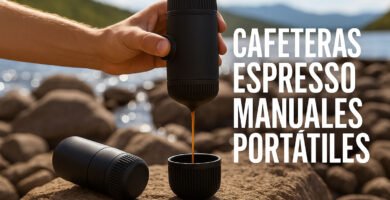 Dos cafeteras espresso manuales portátiles sobre una roca junto a un lago; una en uso y otra tumbada, con fondo natural de montañas y agua.