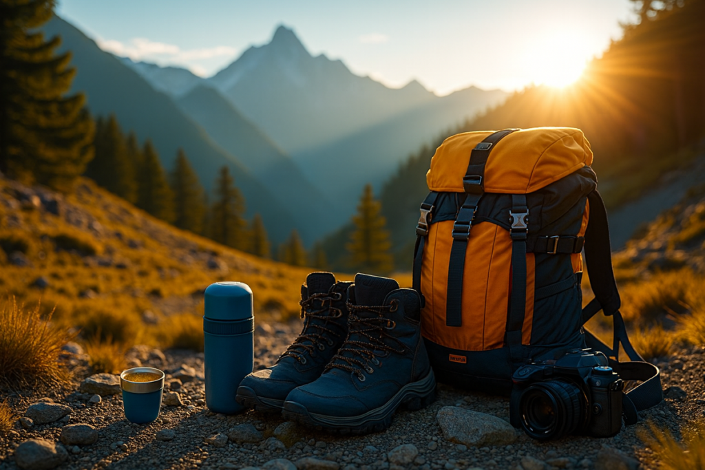  hecho Una cafetera espresso portátil para montañeros y excursionistas  al lado de un  equipo de senderismo con mochila, botas y café caliente en la montaña al amanecer
