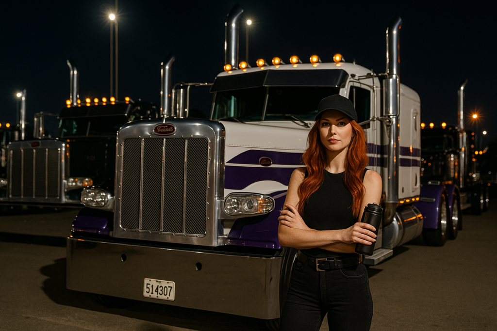 Camionera con una cafetera espresso portátil para camioneros y conductores profesionales