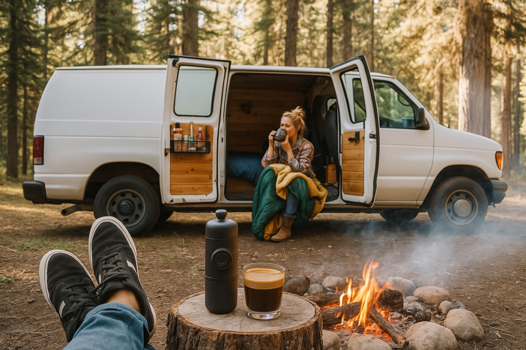 Tomando café gracias a una cafetera espresso portátil preparado  junto a una autocaravana