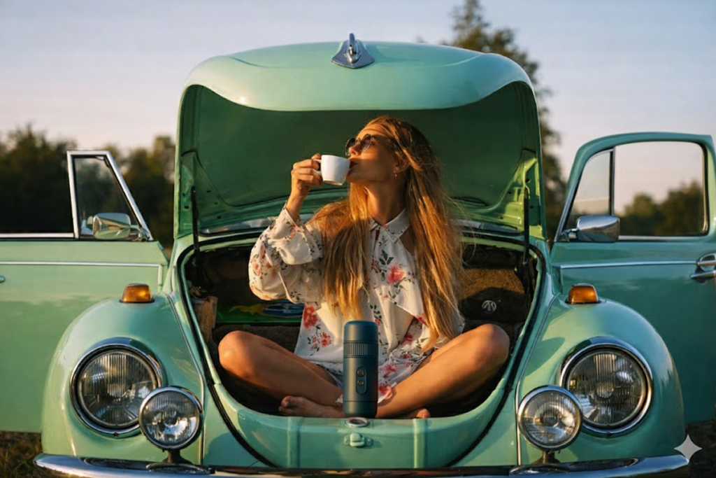 Mujer tomando un cafe espresso en su cho gracias a una cafetera espresso portatil para viajeros de coche en carretera
