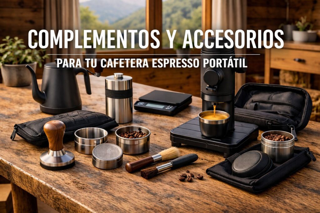 Accesorios y complementos para cafetera espresso portátil sobre mesa de roble en casa rural
