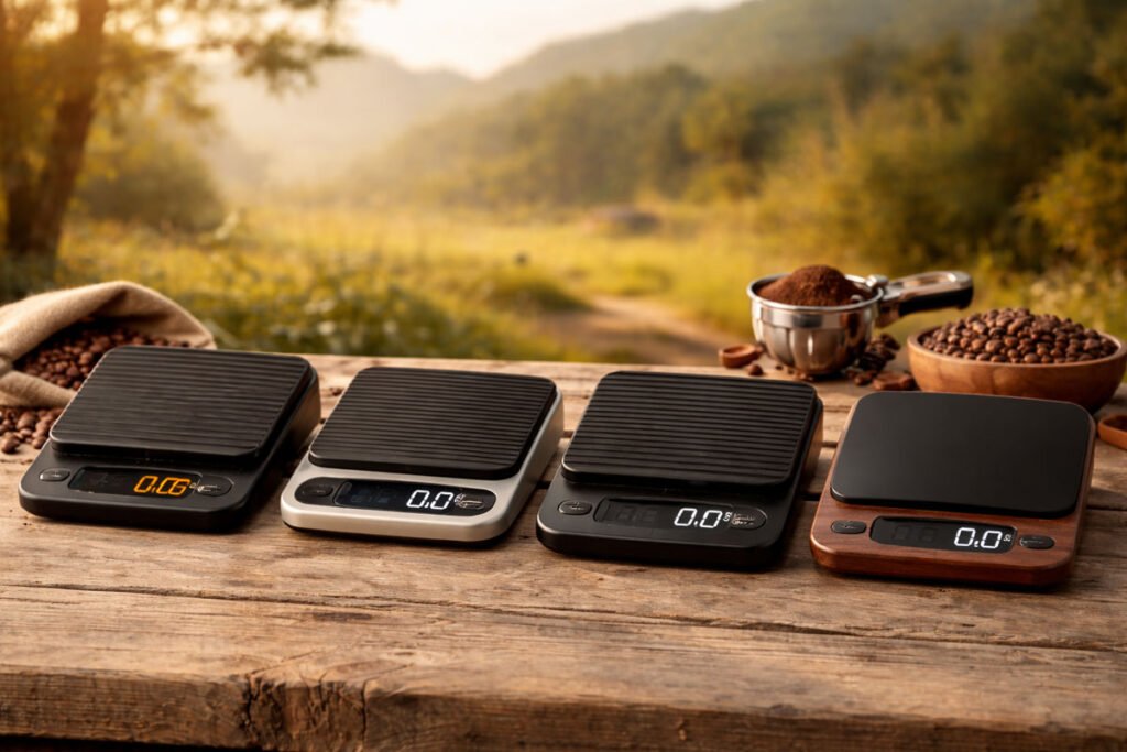 Cuatro básculas digitales para café colocadas sobre una mesa de madera en un entorno rural