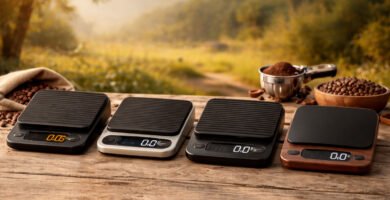 Cuatro básculas digitales para café colocadas sobre una mesa de madera en un entorno rural