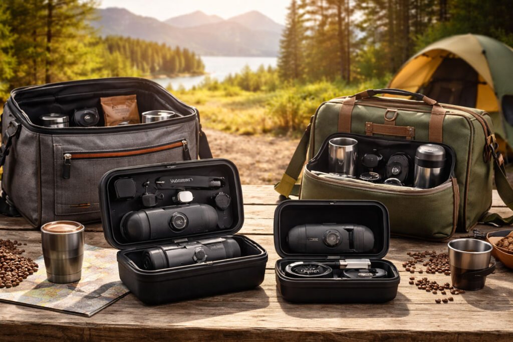Bolsas y estuches organizadores para cafetera espresso portátil en entorno rural con equipo de café de viaje