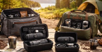 Bolsas y estuches organizadores para cafetera espresso portátil en entorno rural con equipo de café de viaje