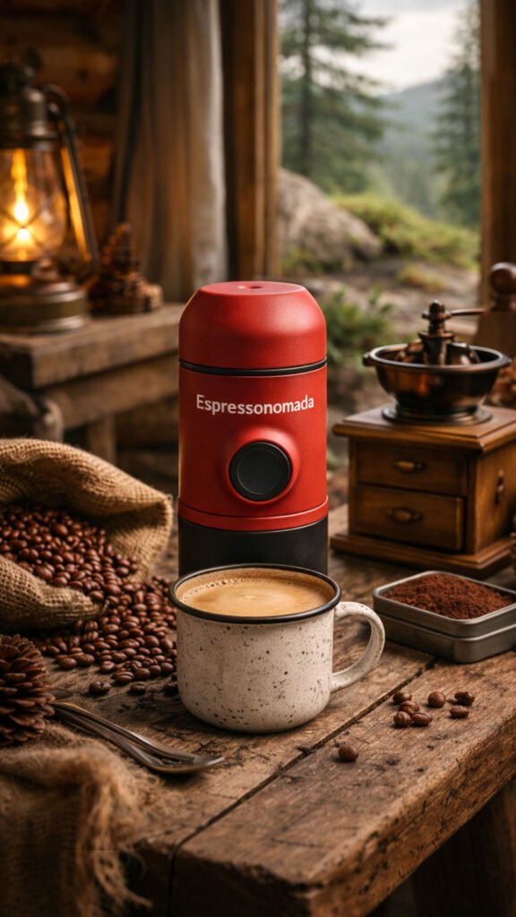 Cafetera espresso portátil Espressonomada en cabaña rural con taza de café cremoso servida sobre mesa de madera