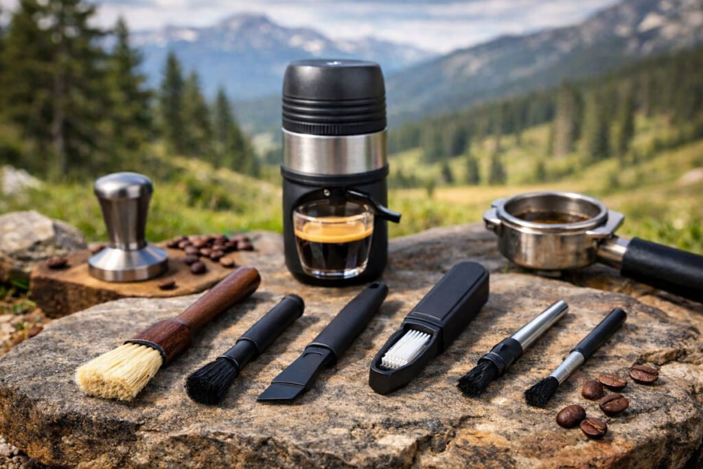 Cepillos de limpieza para cafeteras espresso colocados sobre una roca en un entorno rural junto a una cafetera espresso portátil y granos de café