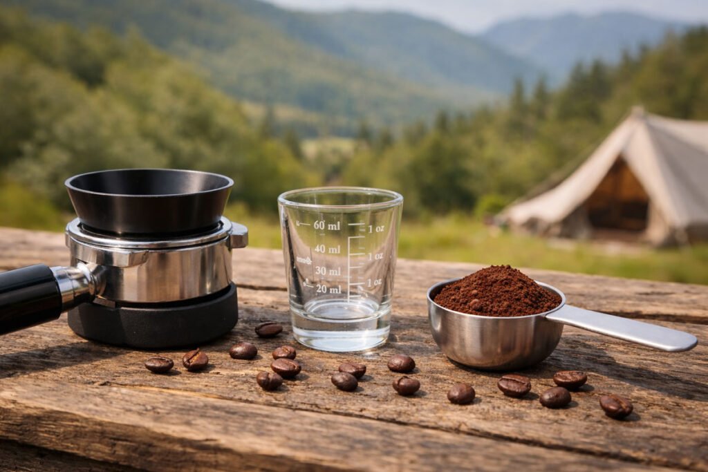 Accesorios de dosificación para café portátil sobre mesa rústica con fondo natural