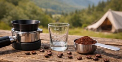 Accesorios de dosificación para café portátil sobre mesa rústica con fondo natural