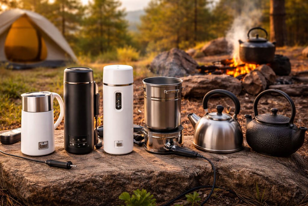 Diferentes tipos de hervidores y recipientes para calentar agua en cafeteras espresso portátiles no autocalentables en un entorno rural