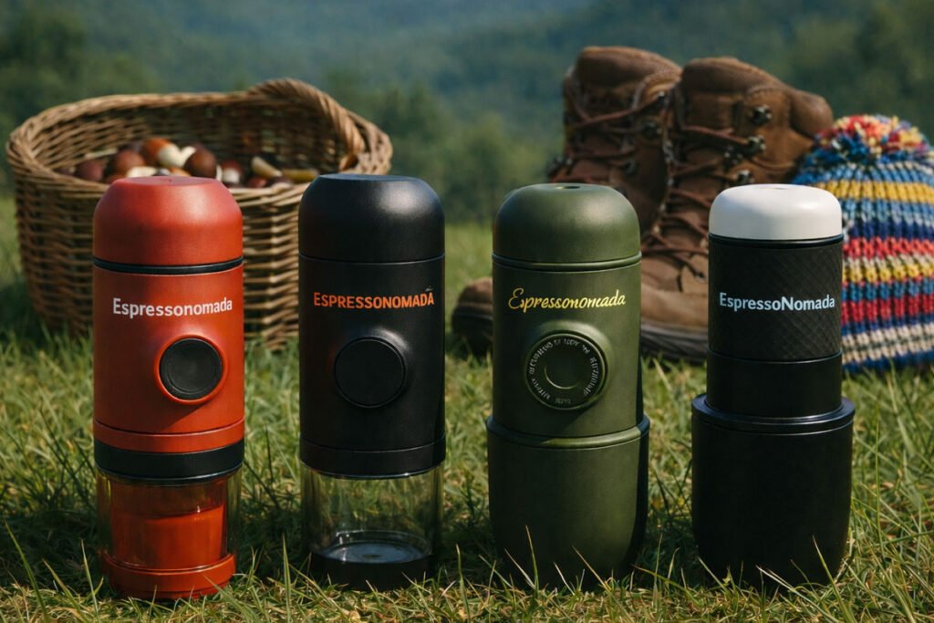 Cafeteras espresso portátiles Espressonomada en entorno outdoor con cesta, botas de montaña y gorro de lana