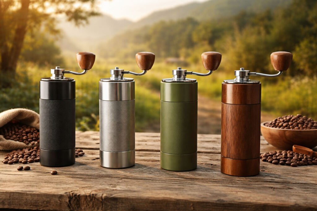 Cuatro molinillos de café manuales portátiles colocados en una mesa de madera en un entorno rural