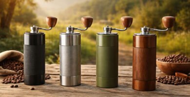 Cuatro molinillos de café manuales portátiles colocados en una mesa de madera en un entorno rural