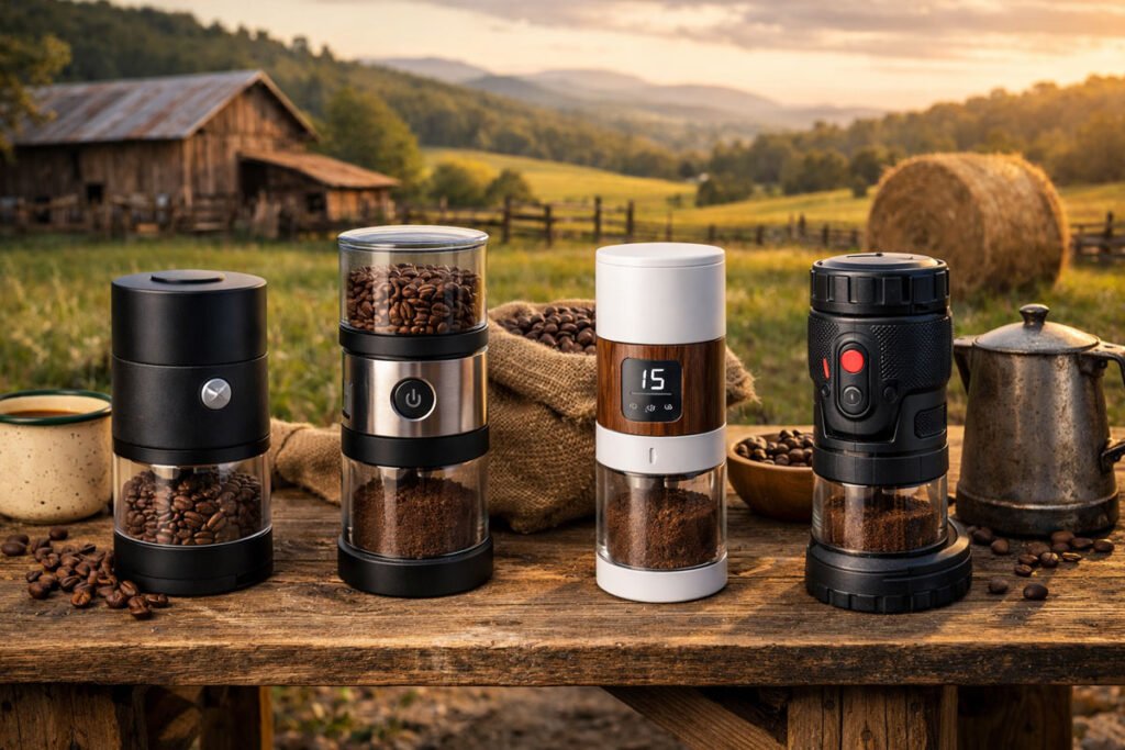 Cuatro molinillos de café inalámbricos a batería colocados sobre una mesa de madera en un entorno rural, con granos de café y paisaje campestre