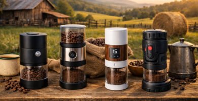 Cuatro molinillos de café inalámbricos a batería colocados sobre una mesa de madera en un entorno rural, con granos de café y paisaje campestre