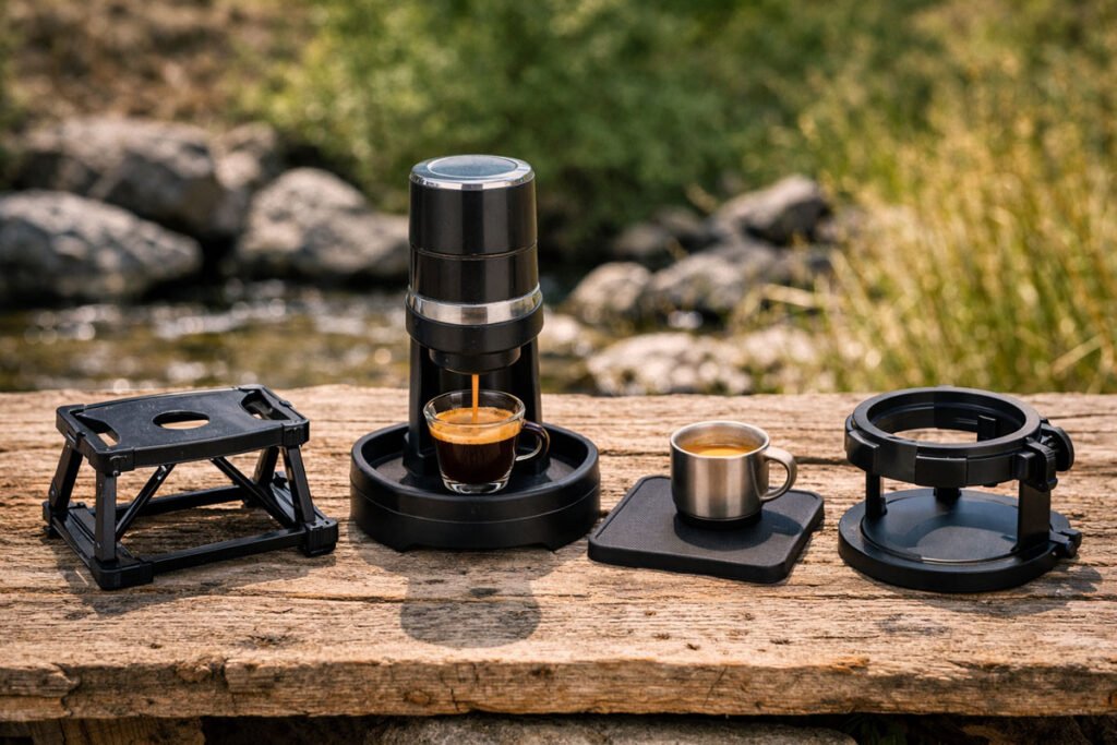 Soportes y bases para cafetera espresso portátil en entorno rural con cafetera y taza de café