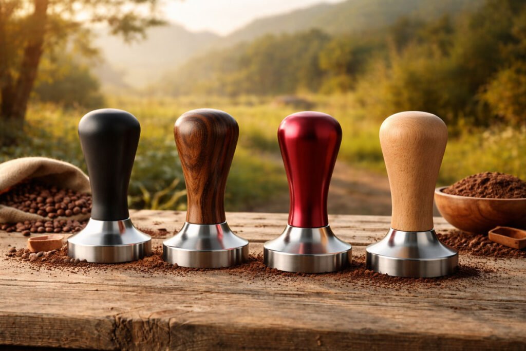 Cuatro tampers para prensar café espresso colocados sobre una mesa de madera en un entorno rural