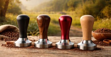Cuatro tampers para prensar café espresso colocados sobre una mesa de madera en un entorno rural