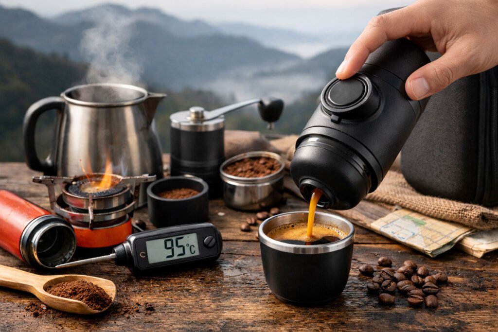 Mano pulsando el botón de una cafetera espresso portátil mientras extrae café con agua caliente en exterior