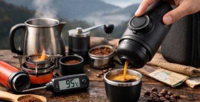 Mano pulsando el botón de una cafetera espresso portátil mientras extrae café con agua caliente en exterior